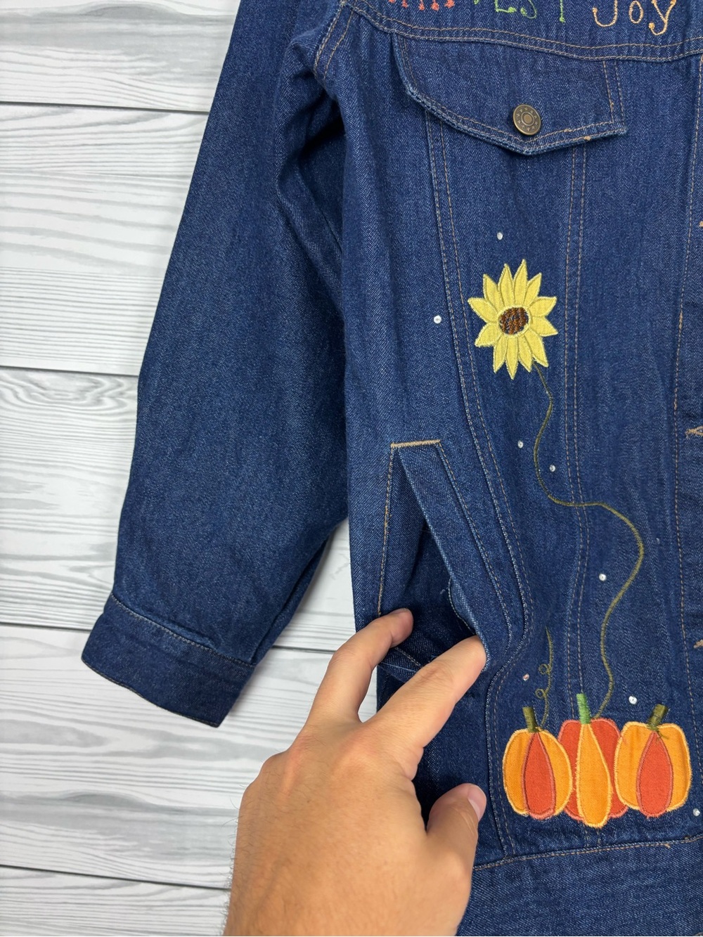 The Quacker Factory Fall Harvest Pumpkin Denim Jacket Size Small Halloween - Picture 3 of 10